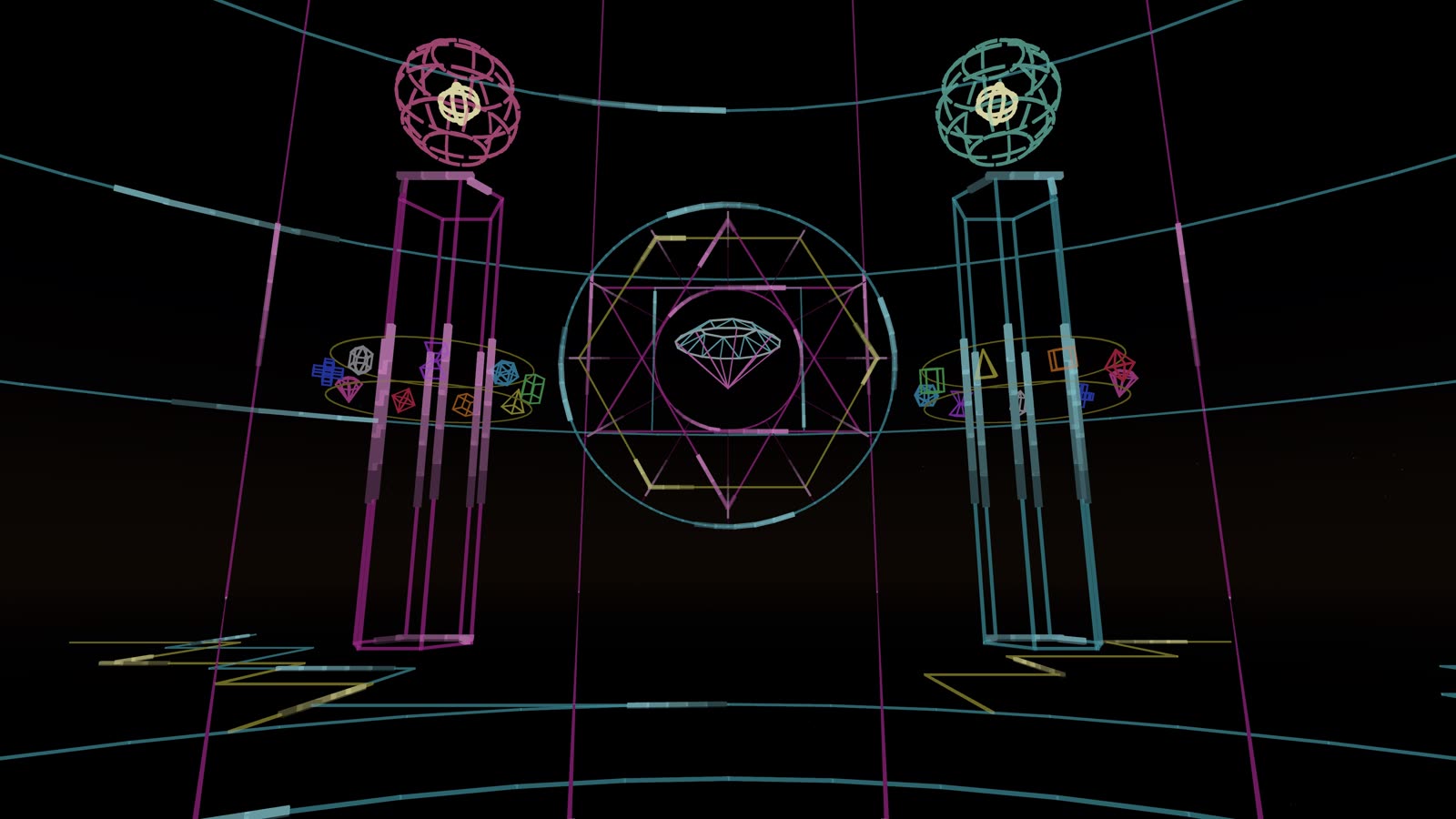 The Sanctum: two glass columns ringed with orbiting gems around a sacred-geometry ornament