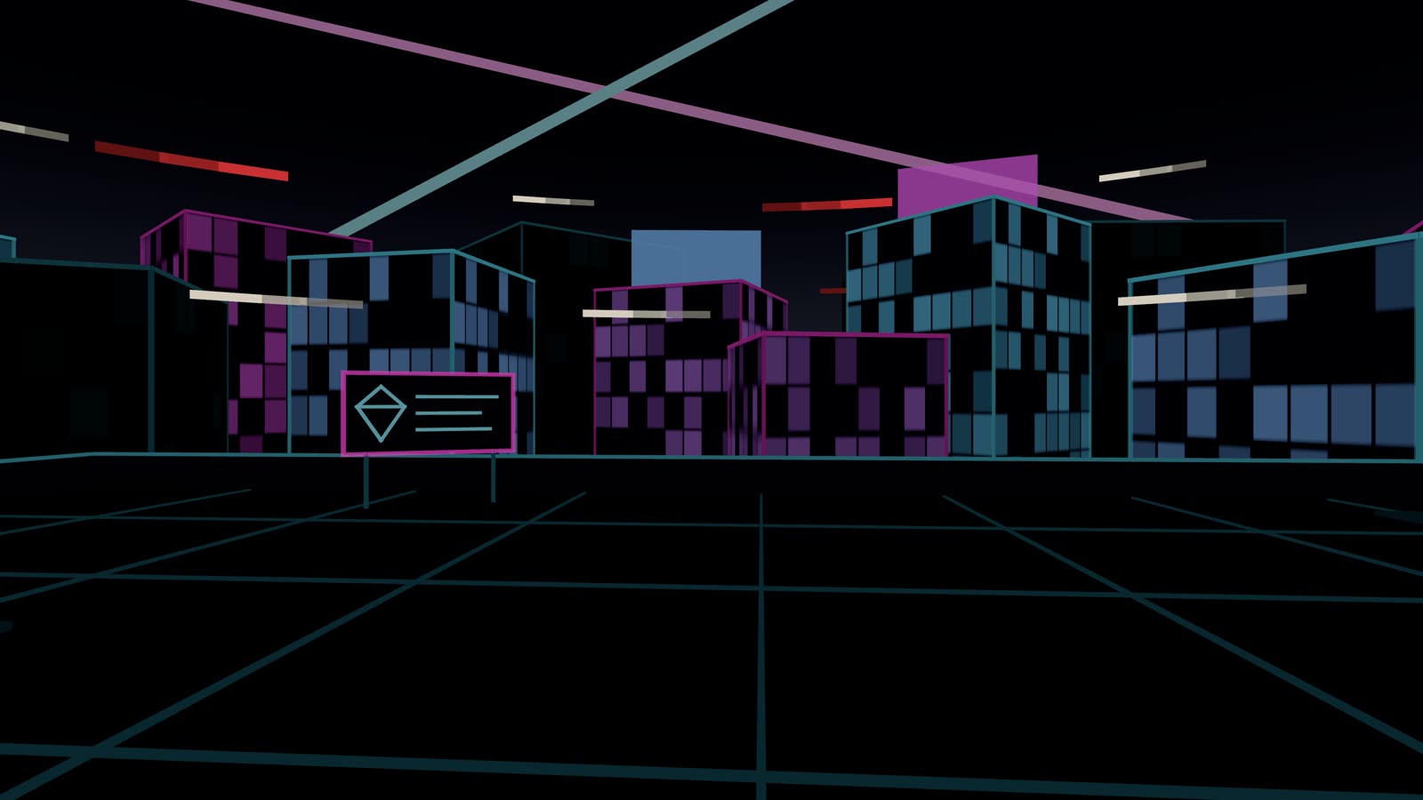 The Skyline: a neon city at night with searchlights